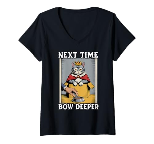 Damen Lustige Katze im Karton nächstes Mal Bow Deeper Cat Lover Cat T-Shirt mit V-Ausschnitt von Cute Cat Lover Designs