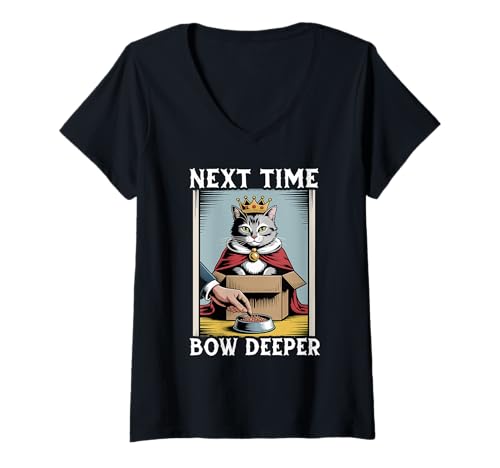 Damen Lustige Katze im Karton nächstes Mal Bow Deeper Cat Lover Cat T-Shirt mit V-Ausschnitt von Cute Cat Lover Designs