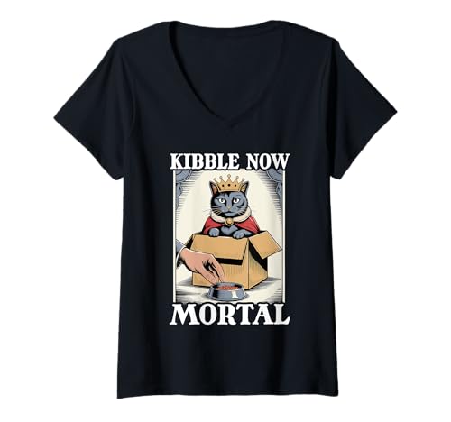 Damen Lustige Katze in Box Kibble Now Mortal Cat Lover Katze T-Shirt mit V-Ausschnitt von Cute Cat Lover Designs