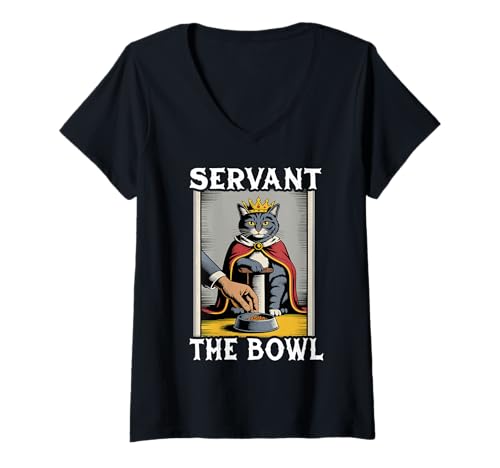 Damen Lustiger Katzendiener Der Napf Katzenliebhaber Katze T-Shirt mit V-Ausschnitt von Cute Cat Lover Designs