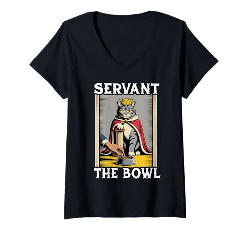 Damen Lustiger Katzendiener Der Napf Katzenliebhaber Katze T-Shirt mit V-Ausschnitt von Cute Cat Lover Designs