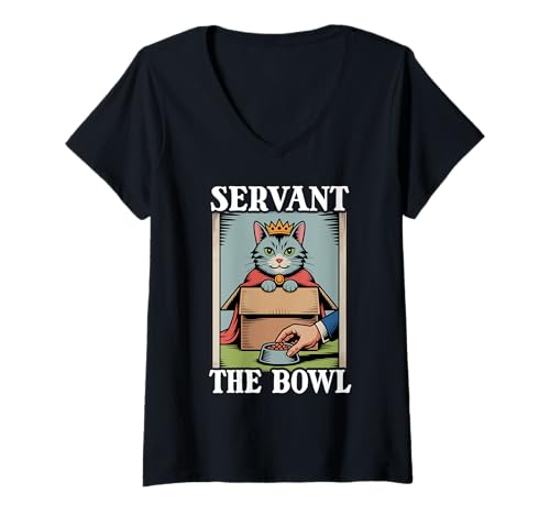 Damen Lustiges Katzen-in-Box-Servant The Bowl Cat Lover Cat T-Shirt mit V-Ausschnitt von Cute Cat Lover Designs