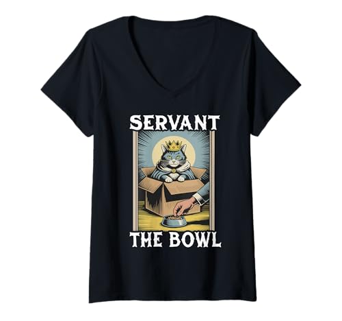 Damen Lustiges Katzen-in-Box-Servant The Bowl Cat Lover Cat T-Shirt mit V-Ausschnitt von Cute Cat Lover Designs