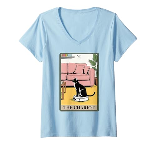 Damen Tarotkarte The Chariot Cat Roboter Staubsauger Lustige Katze T-Shirt mit V-Ausschnitt von Cute Cat Lover Designs