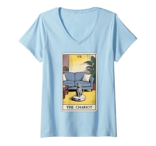 Damen Tarotkarte The Chariot Cat Roboter Staubsauger Lustige Katze T-Shirt mit V-Ausschnitt von Cute Cat Lover Designs