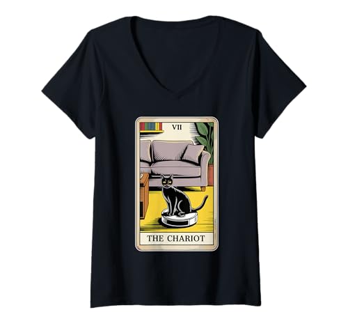 Damen Tarotkarte The Chariot Cat Roboter Staubsauger Lustige Katze T-Shirt mit V-Ausschnitt von Cute Cat Lover Designs