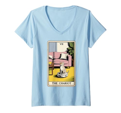 Damen Tarotkarte The Chariot Cat Roboter Staubsauger Lustige Katze T-Shirt mit V-Ausschnitt von Cute Cat Lover Designs