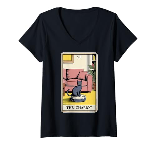 Damen Tarotkarte The Chariot Cat Roboter Staubsauger Lustige Katze T-Shirt mit V-Ausschnitt von Cute Cat Lover Designs