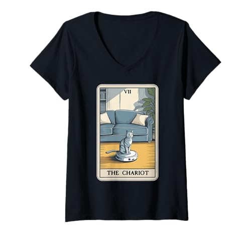 Damen Tarotkarte The Chariot Cat Roboter Staubsauger Lustige Katze T-Shirt mit V-Ausschnitt von Cute Cat Lover Designs