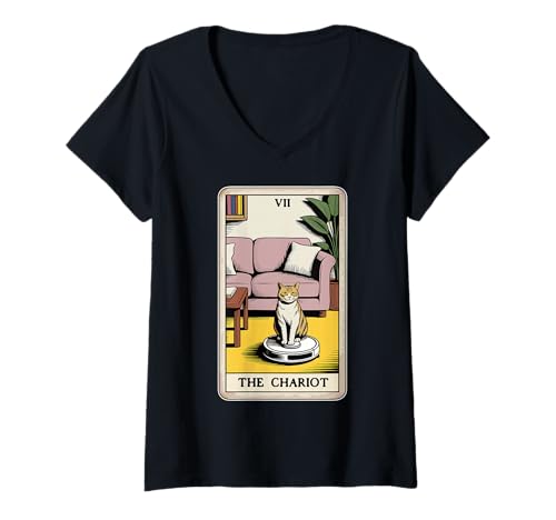Damen Tarotkarte The Chariot Cat Roboter Staubsauger Lustige Katze T-Shirt mit V-Ausschnitt von Cute Cat Lover Designs