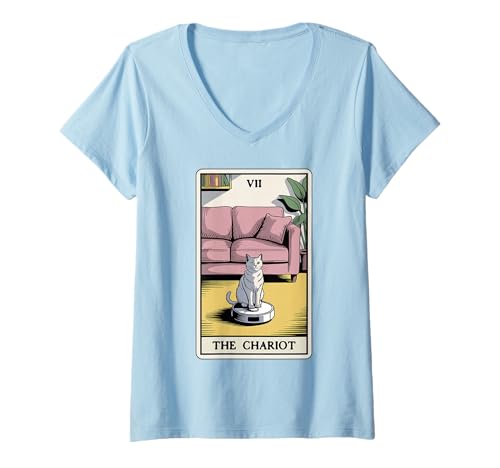 Damen Tarotkarte The Chariot Cat Roboter Staubsauger Lustige Katze T-Shirt mit V-Ausschnitt von Cute Cat Lover Designs