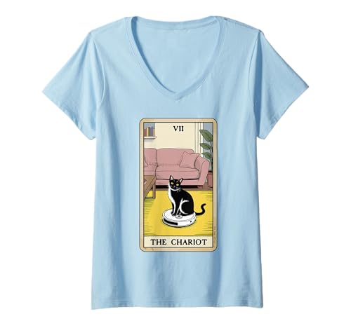 Damen Tarotkarte The Chariot Cat Roboter Staubsauger Lustige Katze T-Shirt mit V-Ausschnitt von Cute Cat Lover Designs