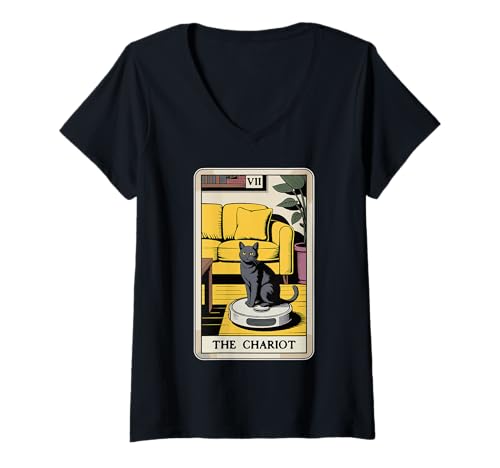 Damen Tarotkarte The Chariot Cat Roboter Staubsauger Lustige Katze T-Shirt mit V-Ausschnitt von Cute Cat Lover Designs