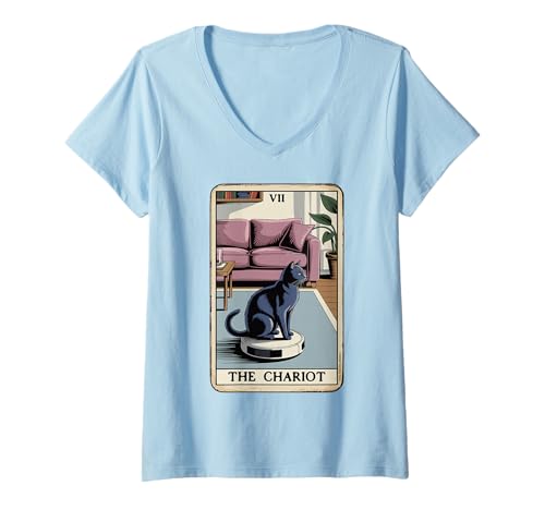 Damen Tarotkarte The Chariot Cat Roboter Staubsauger Lustige Katze T-Shirt mit V-Ausschnitt von Cute Cat Lover Designs