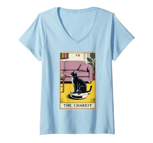 Damen Tarotkarte The Chariot Cat Roboter Staubsauger Lustige Katze T-Shirt mit V-Ausschnitt von Cute Cat Lover Designs