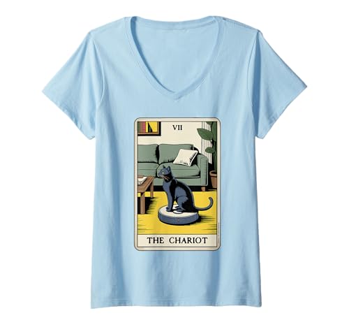Damen Tarotkarte The Chariot Cat Roboter Staubsauger Lustige Katze T-Shirt mit V-Ausschnitt von Cute Cat Lover Designs