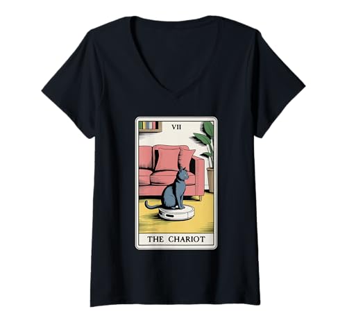 Damen Tarotkarte The Chariot Cat Roboter Staubsauger Lustige Katze T-Shirt mit V-Ausschnitt von Cute Cat Lover Designs