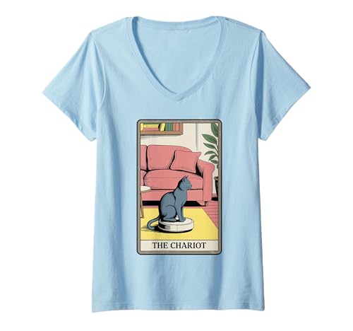 Damen Tarotkarte The Chariot Cat Roboter Staubsauger Lustige Katze T-Shirt mit V-Ausschnitt von Cute Cat Lover Designs