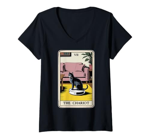 Damen Tarotkarte The Chariot Cat Roboter Staubsauger Lustige Katze T-Shirt mit V-Ausschnitt von Cute Cat Lover Designs