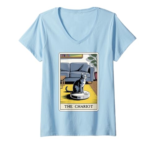 Damen Tarotkarte The Chariot Cat Roboter Staubsauger Lustige Katze T-Shirt mit V-Ausschnitt von Cute Cat Lover Designs