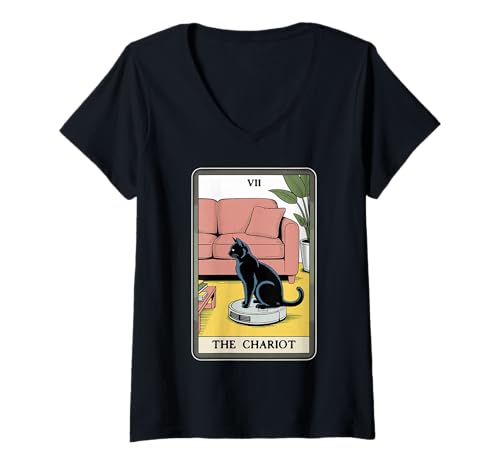 Damen Tarotkarte The Chariot Cat Roboter Staubsauger Lustige Katze T-Shirt mit V-Ausschnitt von Cute Cat Lover Designs