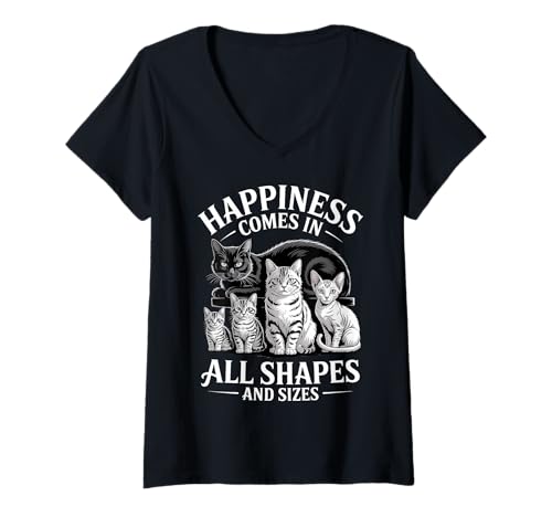 Damen Happiness Comes In All Shapes and Sizes Funny Meme Cat T-Shirt mit V-Ausschnitt Damen Happiness Comes In All Shapes and Sizes Funny Meme Cat T-Shirt mit V-Ausschnitt von Cute Cat Lover Tee