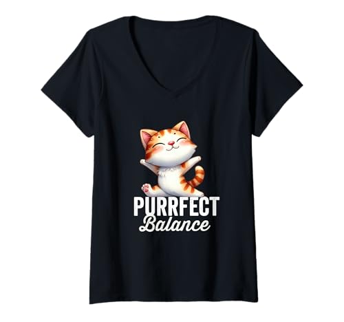 Damen Cat Yoga Purrfect Balance Happy Cartoon Kitten Perfektes Wortspiel T-Shirt mit V-Ausschnitt Damen Cat Yoga Purrfect Balance Happy Cartoon Kitten Perfektes Wortspiel T-Shirt mit V-Ausschnitt von Cute Cat Lover Yoga Stretch Splits Exercise Design