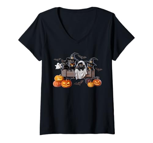 Damen Halloween Schwarze Katze Lustig Gruselige Hexe Kätzchen Kostüm Squad T-Shirt mit V-Ausschnitt Damen Halloween Schwarze Katze Lustig Gruselige Hexe Kätzchen Kostüm Squad T-Shirt mit V-Ausschnitt von Cute Cat Lovers Halloween Witch Feline Theme Crew