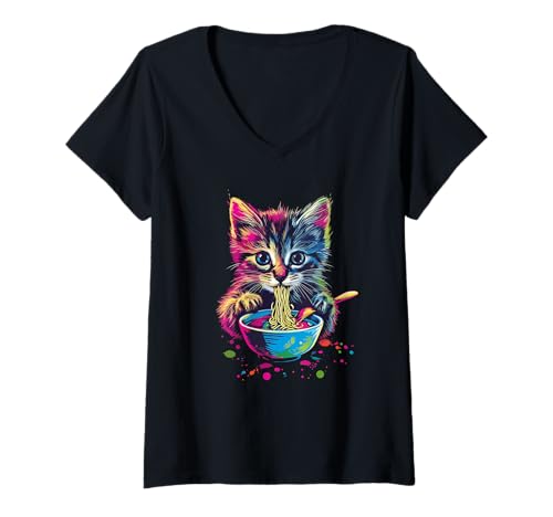 Damen Buntes Kätzchen, das Ramen-Nudeln isst T-Shirt mit V-Ausschnitt von Cute Cat Lovers Vibrant Kitten Art