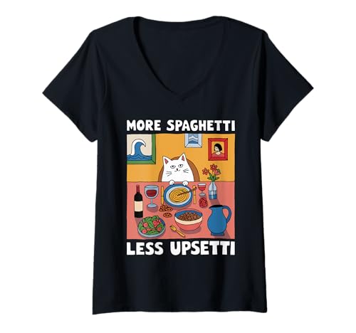 Damen Funny More Spaghetti Less Upsetti Katzenfutter-Liebhaber T-Shirt mit V-Ausschnitt von Cute Cat Meme Food Humor Pasta Lover Gifts