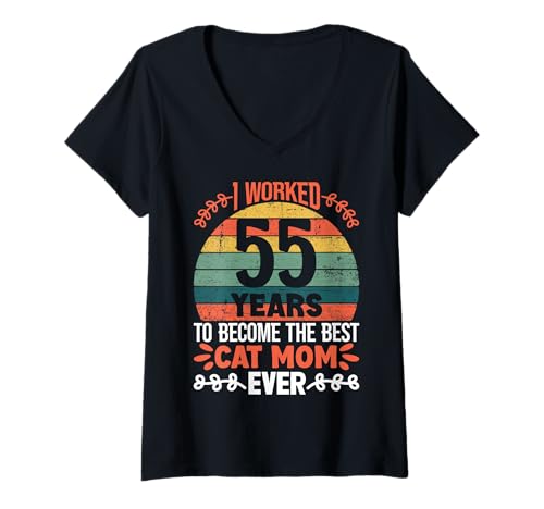 Damen Ich habe 55 Jahre gearbeitet, um die beste Katzenmutter zu sein! 55 Jahre alt T-Shirt mit V-Ausschnitt von Cute Cat Mom Birthday Design