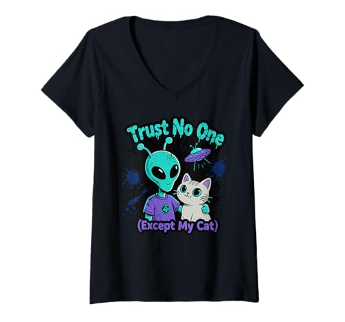 Damen Lustige Katze Alien UFO Cute Kitty Raumschiff Alien Freund T-Shirt mit V-Ausschnitt Damen Lustige Katze Alien UFO Cute Kitty Raumschiff Alien Freund T-Shirt mit V-Ausschnitt von Cute Cat Mom Dad Alien Kitty Artwork