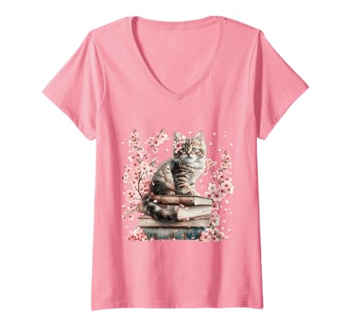 Damen Pink Cherry Blossom Flowers for Women Spring Books and Cat T-Shirt mit V-Ausschnitt Damen Pink Cherry Blossom Flowers for Women Spring Books and Cat T-Shirt mit V-Ausschnitt von Cute Cat Mom Reading Themed Gifts For Cat Lovers