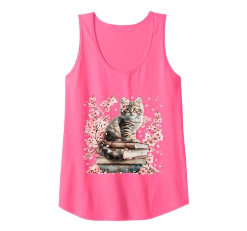 Pink Cherry Blossom Flowers for Women Spring Books and Cat Tank Top Pink Cherry Blossom Flowers for Women Spring Books and Cat Tank Top von Cute Cat Mom Reading Themed Gifts For Cat Lovers