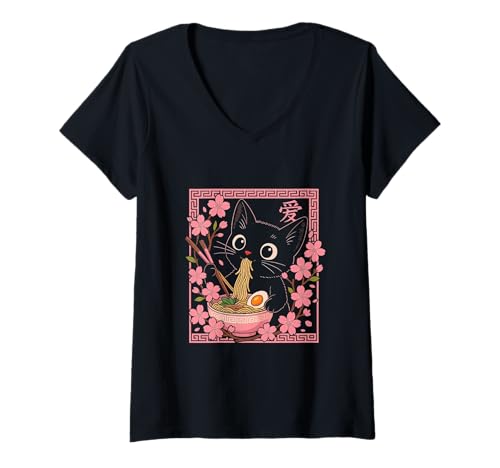 Damen Süße Katze frisst Ramen japanischer Stil Food Art Design T-Shirt mit V-Ausschnitt Damen Süße Katze frisst Ramen japanischer Stil Food Art Design T-Shirt mit V-Ausschnitt von Cute Cat Ramen Artworks
