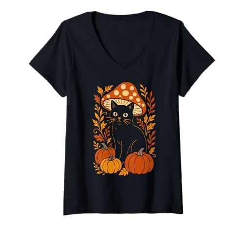Damen Hexe Boho Katze Pilz Cottagecore Herbst Herbst T-Shirt mit V-Ausschnitt Damen Hexe Boho Katze Pilz Cottagecore Herbst Herbst T-Shirt mit V-Ausschnitt von Cute Cat Toadstool Pumpkin Halloween Vintage