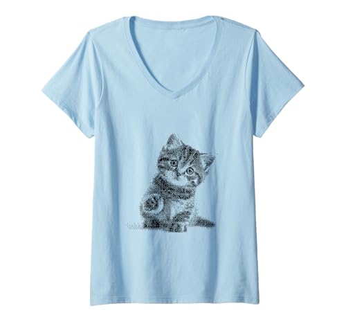 Damen Verpixeltes Katzenkätzchen für Katzenpapa und Katzenmama T-Shirt mit V-Ausschnitt von Cute Cat and Kitten Designs