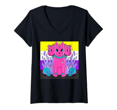 Damen Hunde in nichtbinärer Flaggenfarbe, Enby Pride, niedliches Cerberus-Design T-Shirt mit V-Ausschnitt Damen Hunde in nichtbinärer Flaggenfarbe, Enby Pride, niedliches Cerberus-Design T-Shirt mit V-Ausschnitt von Cute Cerberus Nonbinary Flag Color Dogs Enby Pride