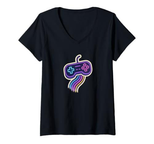 Damen Retro-Gamecontroller Synthwave Vaporwave Glow Trails T-Shirt mit V-Ausschnitt Damen Retro-Gamecontroller Synthwave Vaporwave Glow Trails T-Shirt mit V-Ausschnitt von Cute Chaos Animals Adorable Kids Gifts, Mom & Dad