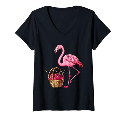 Damen Kirsche Flamingo Vogel Kirschen Früchte Tierkunst Kirschliebhaber T-Shirt mit V-Ausschnitt Damen Kirsche Flamingo Vogel Kirschen Früchte Tierkunst Kirschliebhaber T-Shirt mit V-Ausschnitt von Cute Cherry Animals