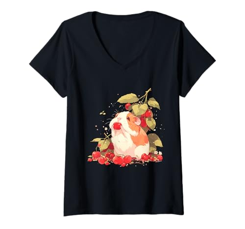 Damen Kirsche Meerschweinchen Bunt Tier Kunst Natur Kirschliebhaber T-Shirt mit V-Ausschnitt von Cute Cherry Animals