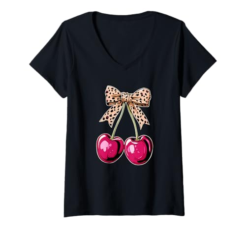 Damen Cherry Leopard Kokette Schleife Kirschen T-Shirt mit V-Ausschnitt von Cute Cherry Coquette Bow