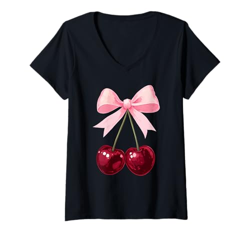Damen Cherry Süße Kokette Schleife Kirschen T-Shirt mit V-Ausschnitt von Cute Cherry Coquette Bow