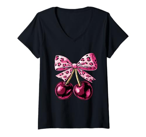 Damen Kirschrosa Leopard Kokette Schleife Kirschen T-Shirt mit V-Ausschnitt Damen Kirschrosa Leopard Kokette Schleife Kirschen T-Shirt mit V-Ausschnitt von Cute Cherry Coquette Bow