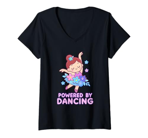 Damen Präsentiert von Dancing Kawaii Ballerina Floral Tutu T-Shirt mit V-Ausschnitt von Cute Chibi Ballet Ballerina Dance Practice Design