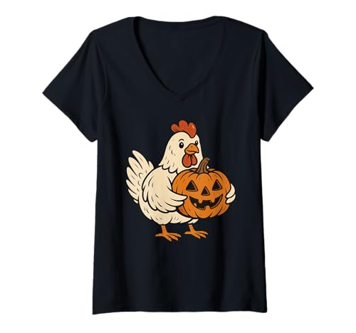 Damen Cute Chicken Jack O Lantern Pumpkin Halloween T-Shirt mit V-Ausschnitt von Cute Chicken Pumpkin Halloween Apparel