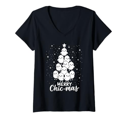 Damen Merry Chic-Mas Niedliche Küken Weihnachtsbaum Lustiger Bauer T-Shirt mit V-Ausschnitt von Cute Chicken XMAS Tree Poultry Farming