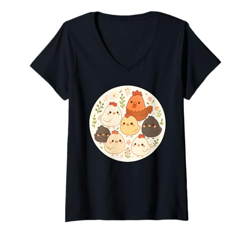 Damen Cute Kawaii Chickens Flowers Chicken Lover T-Shirt mit V-Ausschnitt von Cute Chickens Flowers Apparel