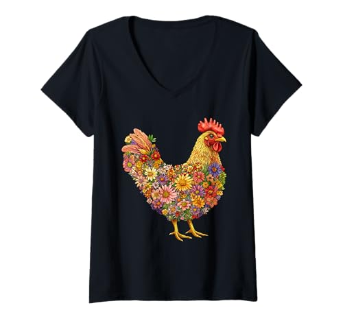 Damen Chicken Flower Gardening Floral T-Shirt mit V-Ausschnitt von Cute Chickens Lover Flower Gardening Apparel