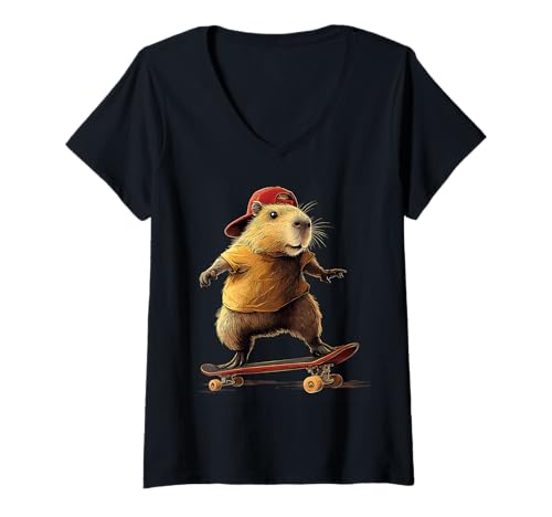 Damen Capybara Riding Skateboard, lustige Streetwear-Grafik T-Shirt mit V-Ausschnitt Damen Capybara Riding Skateboard, lustige Streetwear-Grafik T-Shirt mit V-Ausschnitt von Cute Chill Capybara Gifts For Girls Kids Boys Men